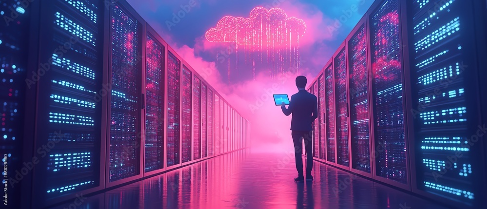 Poster 3d illustration of male user qadir accessing cloud storage and uploading files, modern flat design c