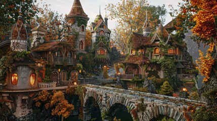 Obraz premium 3D fantasy village with unique architecture and lush surroundings