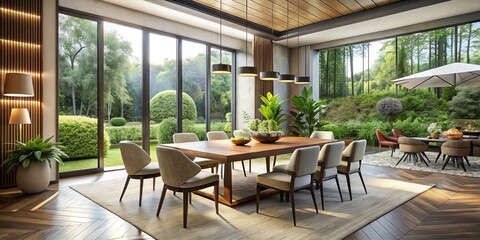 Obraz premium Geometric shapes and clean lines define the modern dining room, where soft light pours in from large windows