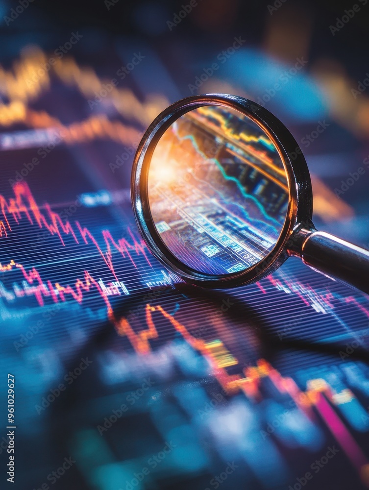 Poster a magnifying glass is on top of a graph with many lines and numbers
