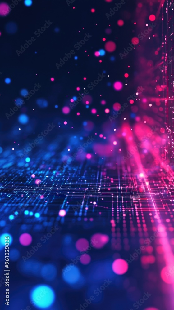 Poster abstract digital background with vibrant particles and glowing lines in blue and pink, creating a fu
