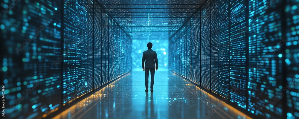 Poster 3d illustration of qadir, male figure, involved in big data and cloud computing, analyzing large dat