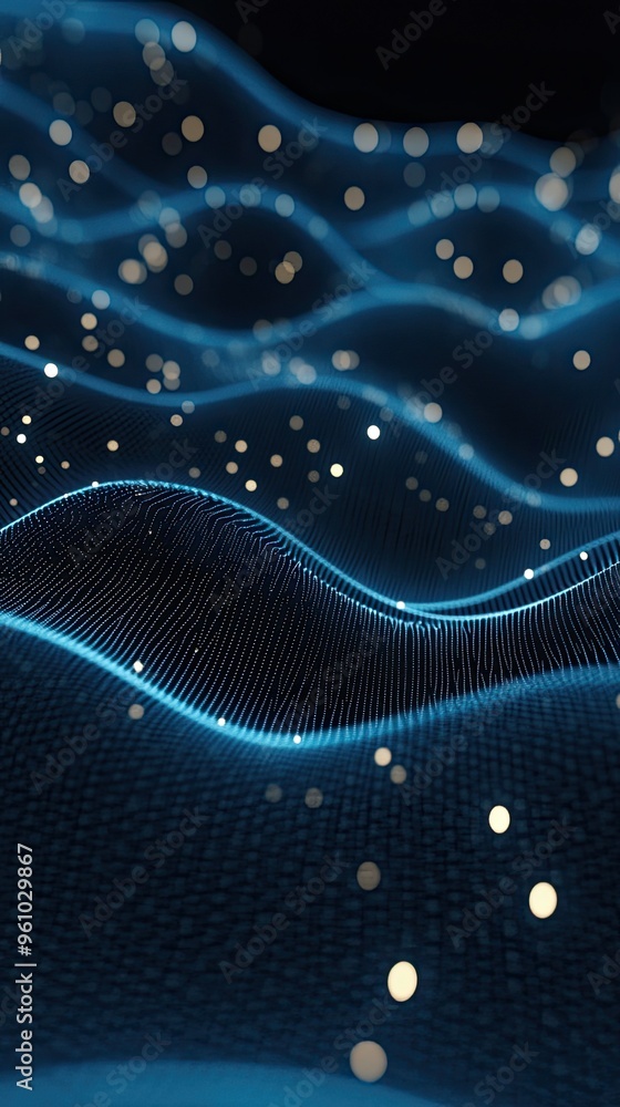 Poster abstract wave design with glowing lines and glowing particles on a dark background for technology an