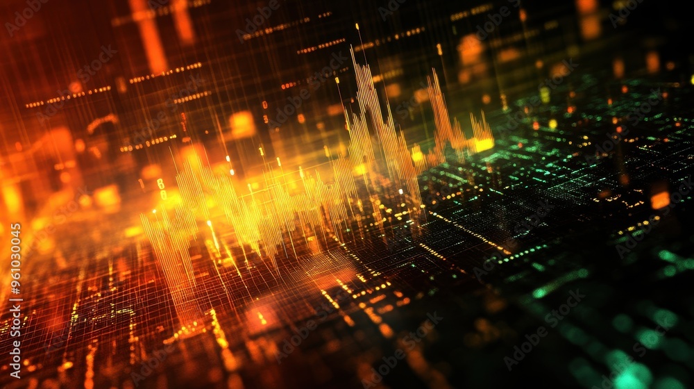 Poster a computer generated image of a cityscape with a lot of numbers and lines