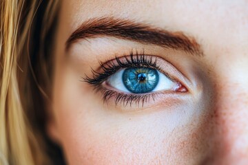 Fototapeta premium Close-up of an eye with striking blue color and detailed eyelashes, showcasing natural beauty and expressive features.