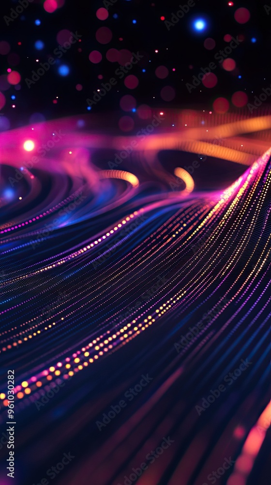Poster vibrant abstract lines with glowing dots create a mesmerizing digital background, ideal for technolo