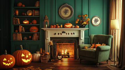 Obraz premium Beautiful Halloween theme decorated living room, Lifestyle Halloween season family house interior