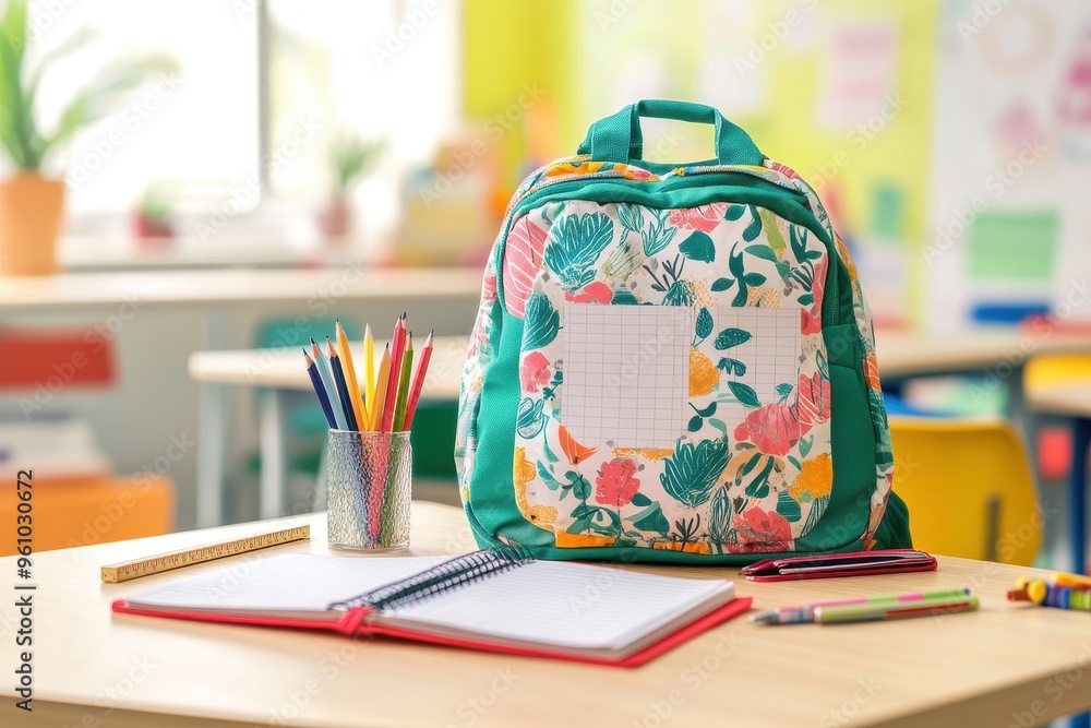 Poster a colorful backpack on a desk with stationery and notebooks in a classroom setting.