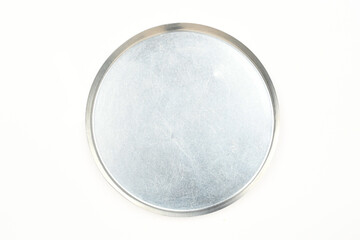 Tray Aluminium silver round. Sample mounting tray. Moisture meter tray. top view. copy space. Stock Image.