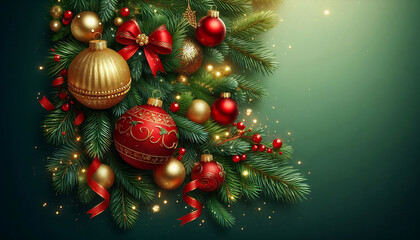 Naklejka premium A festive holiday background featuring evergreen pine branches adorned with red and gold Christmas ornaments. Delicate sparkles and a light dusting of glitter enhance the festive atmosphere