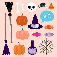 Collection of magical Halloween illustrations on a pink background. Cute cartoon elements for Halloween design. Witch hat, broom, pumpkins, skull and bones, candies, web, spider, potion.
