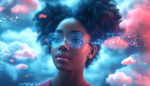 3D rendering of African American woman Coco in cloud computing set, managing cloud service server for storing and processing data, blogging, website, and promotional materials