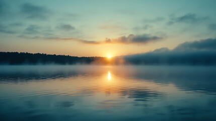 Naklejka premium A misty sunrise over a still lake, reflecting the golden light.