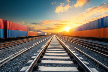 Fototapeta premium Logistics train loaded with cargo containers on a rail track. 