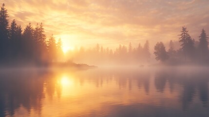 Fototapeta premium A tranquil scene of a foggy lake at sunrise with golden light reflecting on the water.