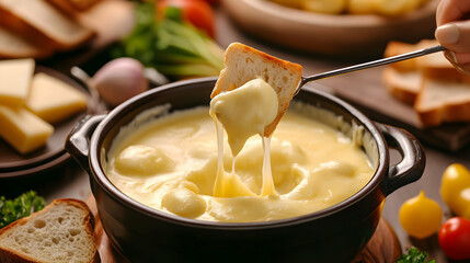 A cheese fondue pot with a fork pulling out a piece of bread, dripping with thick, stretchy cheese, with bread pieces and vegetables around the pot