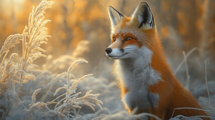 Obraz premium In the grass, a red fox is standing.