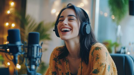 Young Woman Podcasting with Co-Host in Studio