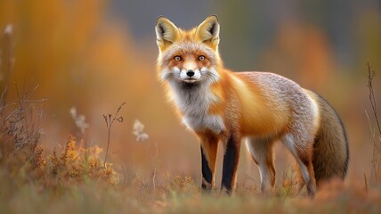 Fototapeta premium In the grass, a red fox is standing.