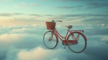 Fototapeta premium Red Bicycle Flying Above Clouds