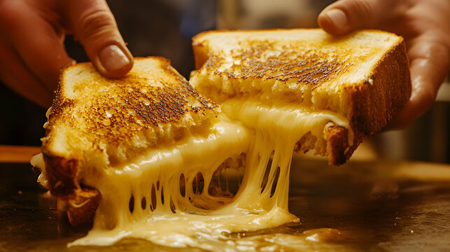A grilled cheese sandwich being pulled apart, showing gooey, stretchy cheese connecting both halves, golden and crispy bread on the outside