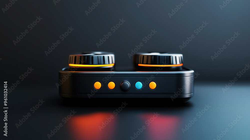Poster close-up of a sleek modern audio controller featuring colorful buttons and dials, illuminated agains