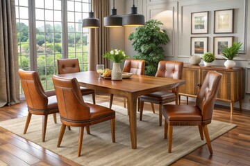 Fototapeta premium Luxurious leather chairs and wooden accents define the stylish dining room set, accompanied by a set of elegant