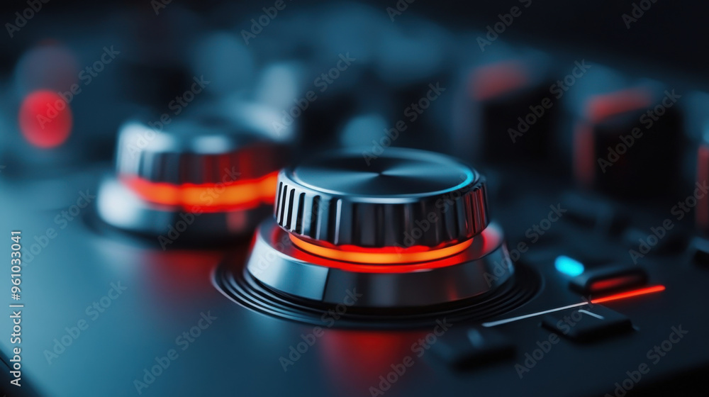 Poster close-up view of a shiny, red-illuminated control knob on a dark electronic device, emphasizing the 