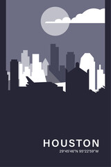Naklejka premium USA Houston city minimalistic poster with skyline, cityscape retro vector illustration. US Texas state abstract travel front cover, brochure, flyer, leaflet, flier, template, layout
