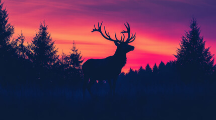 Naklejka premium Majestic Stag Silhouetted Antlers in Vibrant Sky - Wildlife in Forest Clearing