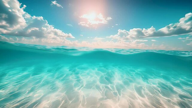 Half underwater of clear turquoise sea water and sun blue sky