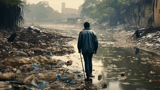 A lone person in a tattered outfit gazing at a polluted river filled with plastic waste and debris, 