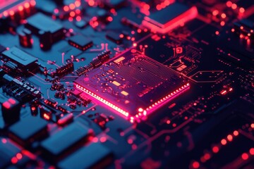 Fototapeta premium Close-up of a modern microchip circuit board illuminated with vibrant red lights, showcasing advanced technology and digital design.