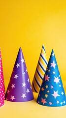 Brightly colored party hats in vibrant designs against a cheerful yellow background, perfect for celebrations and festivities.