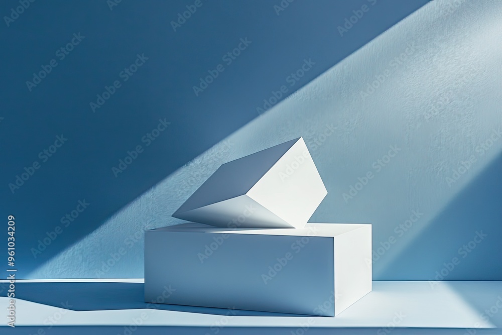 Sticker minimalistic white geometric shapes illuminated by soft blue light create a serene and modern aesthe