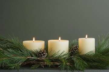 Three glowing candles arranged with pine branches and pinecones, creating a cozy holiday ambiance.