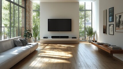Fototapeta premium Modern Living Room Interior Design with Large Windows Sofa TV and Hardwood Floor