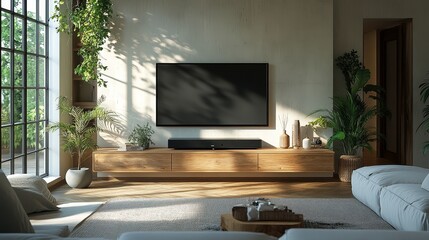 Modern Living Room Interior Design with TV  Soundbar  Plants  and Natural Light