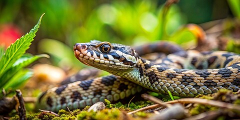 Fototapeta premium Close-up of a snake in the forest, camouflaged against a green background