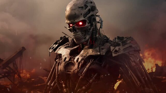 A Futuristic Android Soldier on a Battlefield With a Fire and Digital Scan Effect
