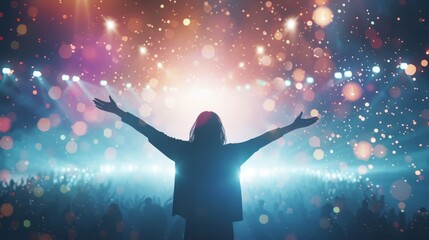 Naklejka premium Electrifying image of a silhouette of a person with arms raised on stage, facing a cheering crowd under colorful lights. The sparkling bokeh effect adds to the lively and festive atmosphere, making it
