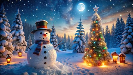 Fototapeta premium Snowman standing in a winter wonderland on a magical Christmas night, snowman, winter, Christmas, landscape, magical, night, holiday