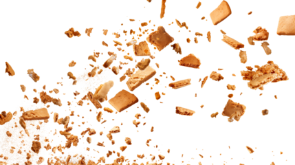 Pile cake crumbs, chocolate cookie pieces flying isolated on transparent white background, clipping path