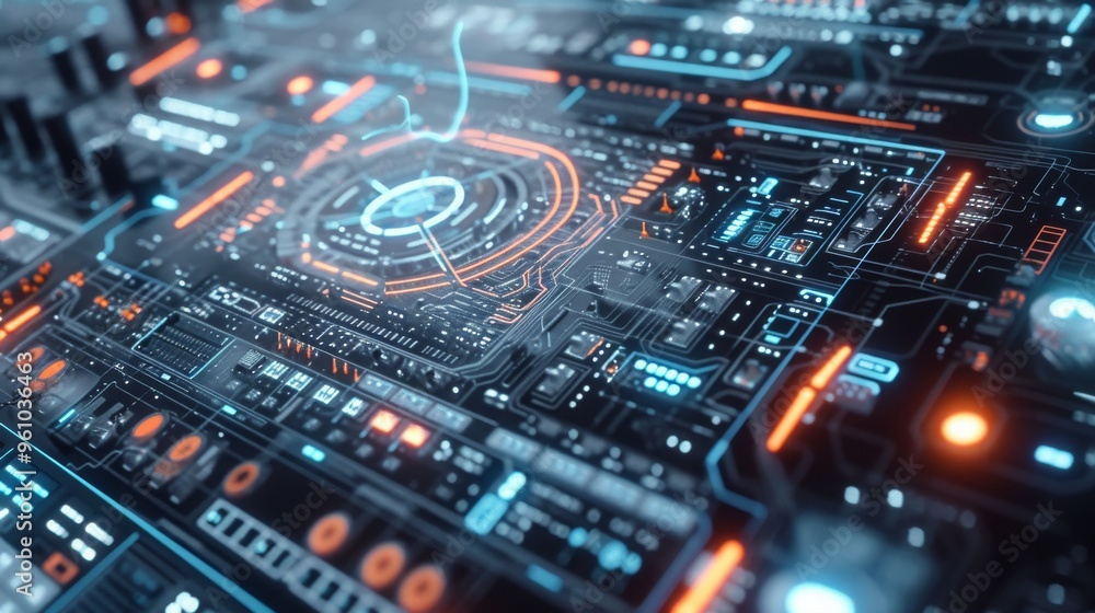 Poster a close-up of a futuristic circuit board illuminated with vibrant orange and blue lights. the intric