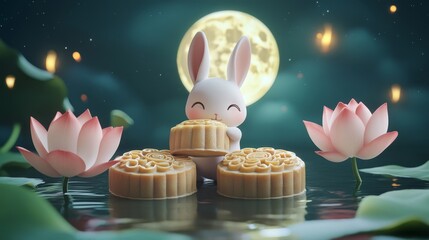 Chinese Mid-Autumn Festival concept made from funny bunny and mooncakes