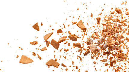 Pile cake crumbs, chocolate cookie pieces flying isolated on transparent white background, clipping path