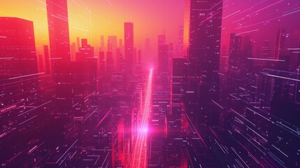 Obraz premium A vibrant futuristic cityscape bathed in neon hues of pink and orange, showcasing towering skyscrapers and glowing gridlines. The image captures the essence of a digital metropolis, blending modern