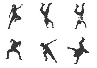 A set of street dance hip hop dancers in silhouette
