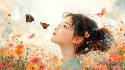 Fototapeta premium Little Girl Wondering at Butterflies in a Flower Field