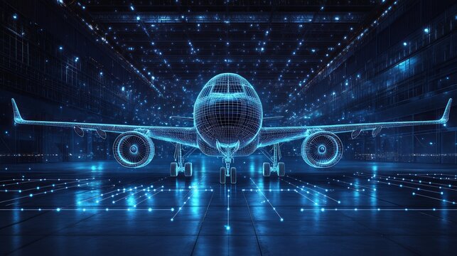 Front view of airplane in hangar in dark blue. Airplane maintenance, aircraft repair service concept. Abstract polygonal 3d wireframe looks like starry sky. Digital vector mesh with lines and shapes